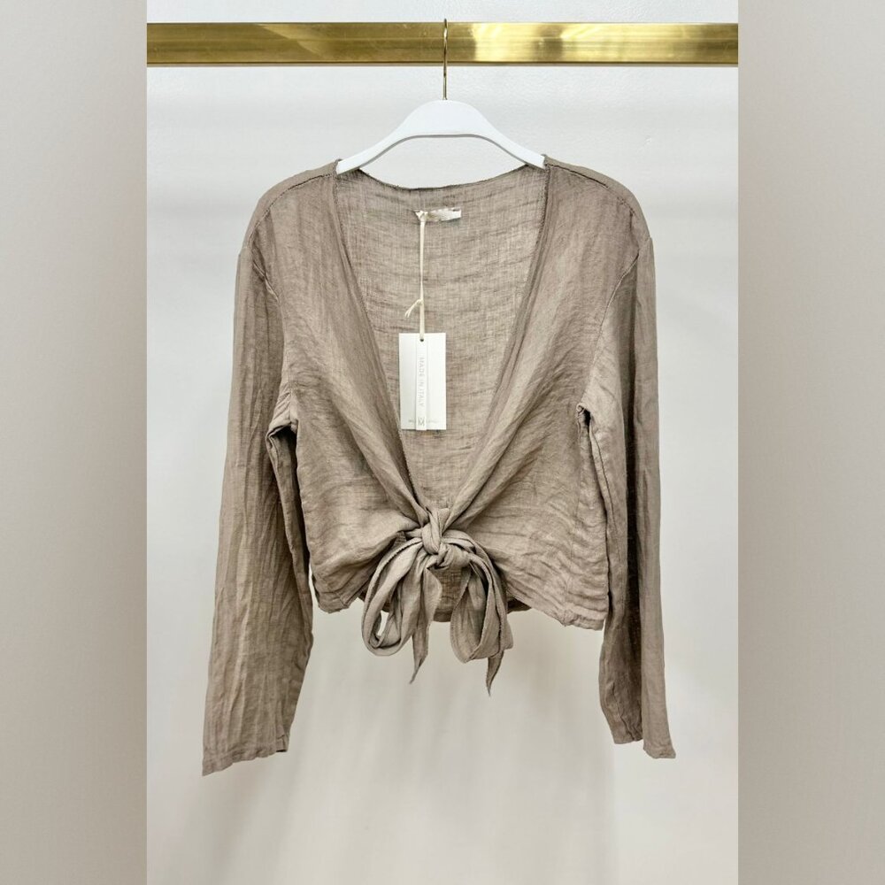 (113108-MOC) LINEN LONG SLEEVE TIE TOP
